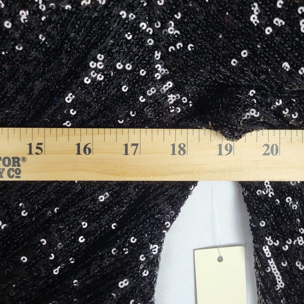 Eliza J Sequined Dress Women's 10 Black Faux Wrap Balloon Sleeves V Neck NWT - Picture 13 of 16